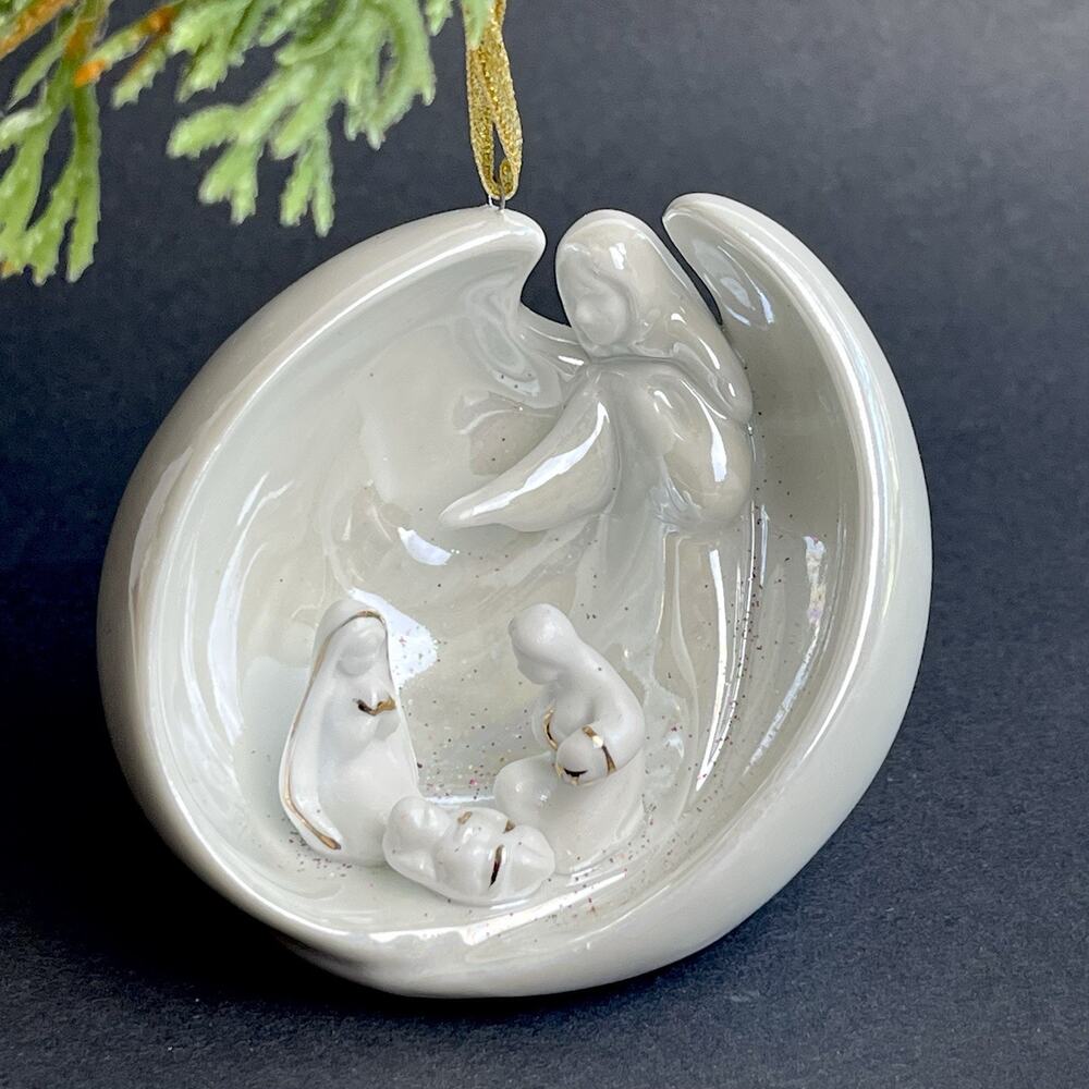 AppleTree Design Porcelain Nativity Ornament White Luster Angel Gold Christmas